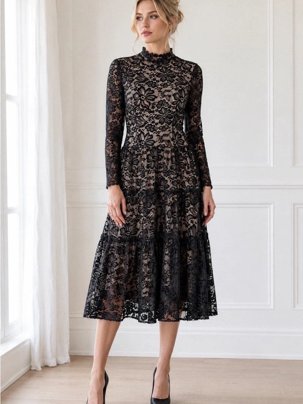 Black Lace Long-Sleeve Midi Dress